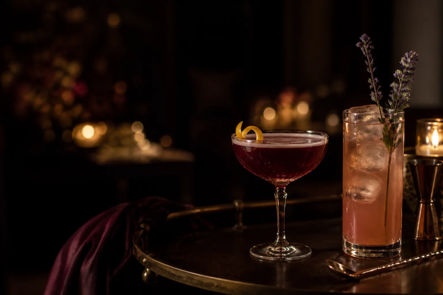 Two jewel-toned craft cocktails on a candlelit brass bar